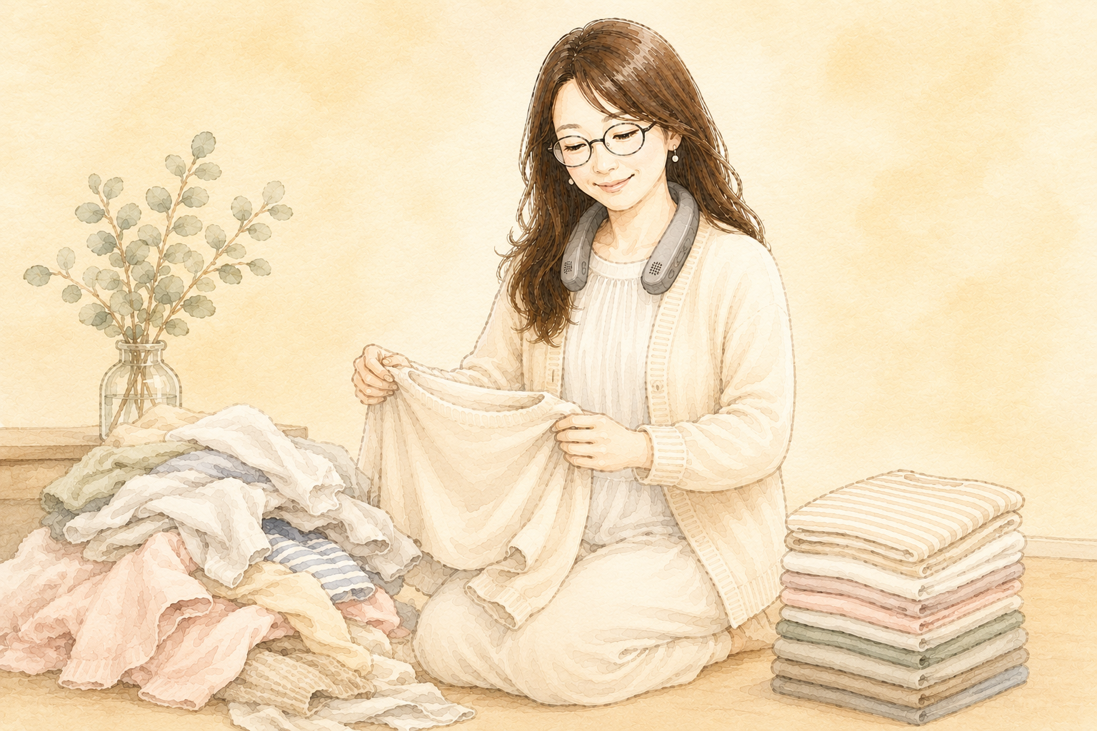 洗濯物を畳みながら、ネックスピーカーで耳読書する女性のイラスト