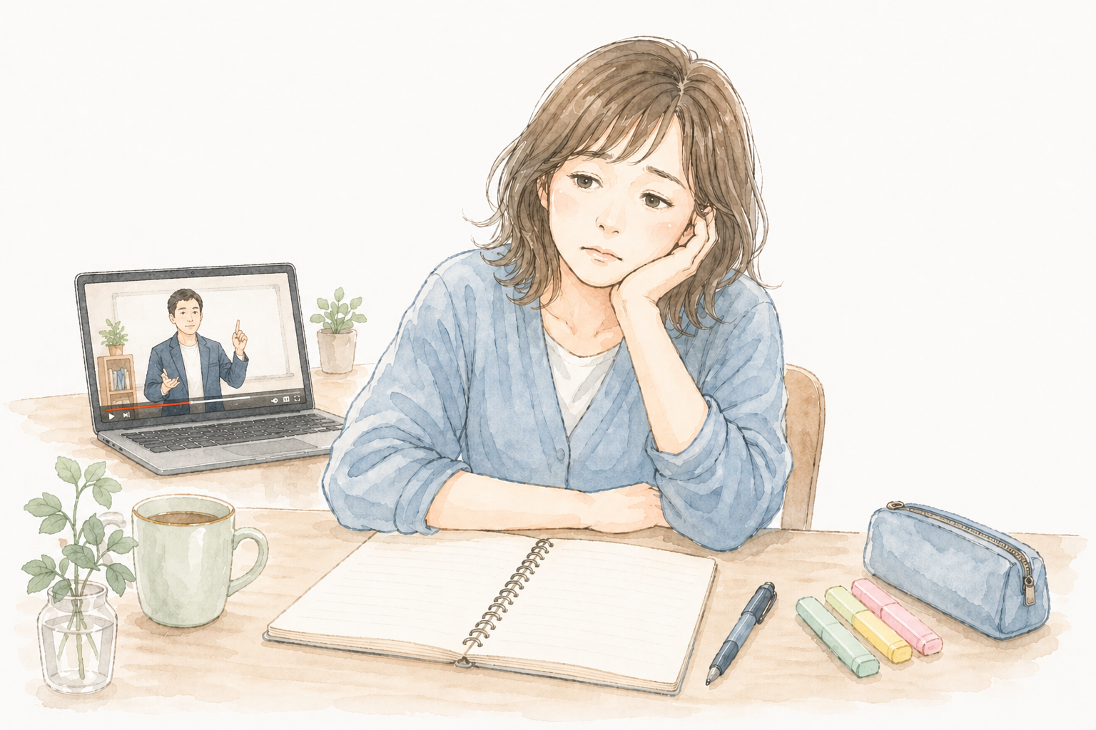 ノートと文房具を前に頬杖をつく女性