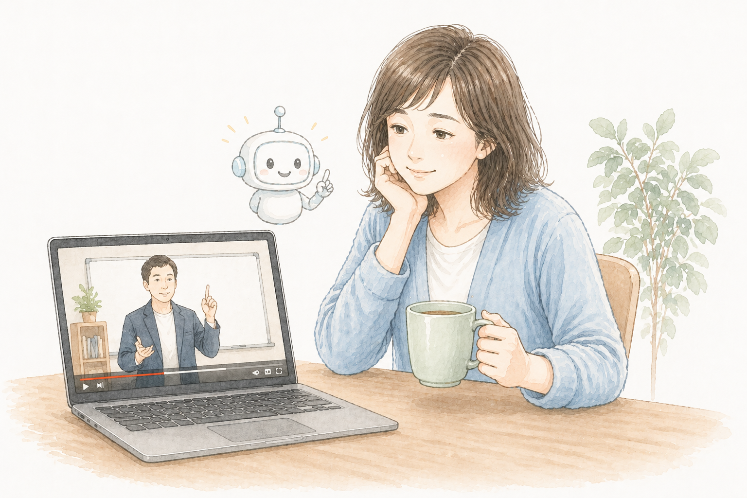 PCで動画を見ながらAIロボットと一緒に学ぶ女性