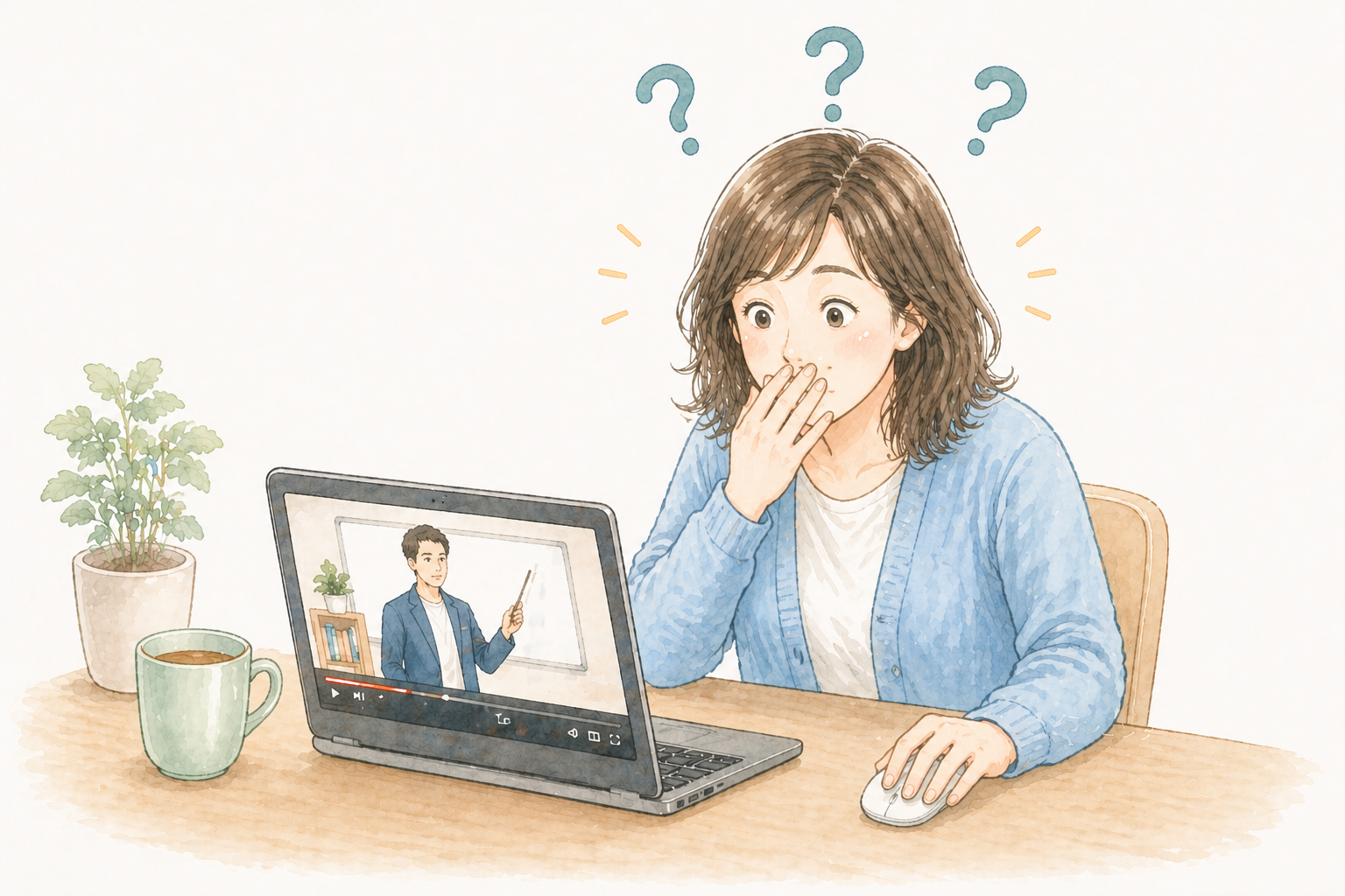 驚いた表情でFP3級の動画を見る女性