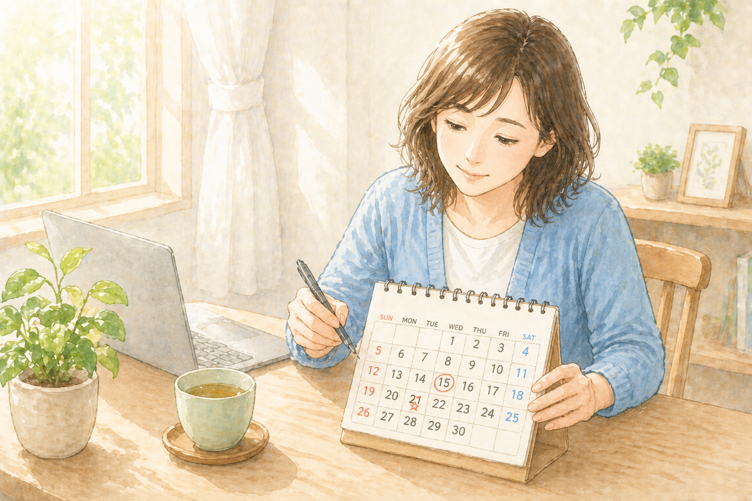 カレンダーを見ながら日付に印をつける女性