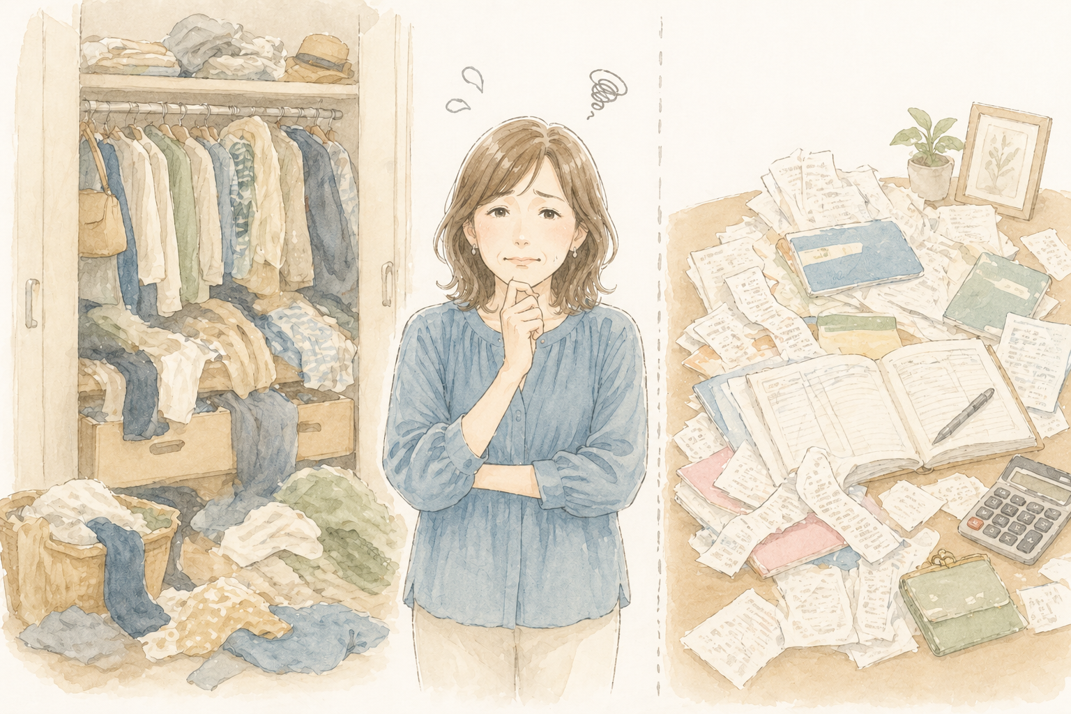 ぐちゃぐちゃのクローゼットと家計簿を前に困った顔の女性