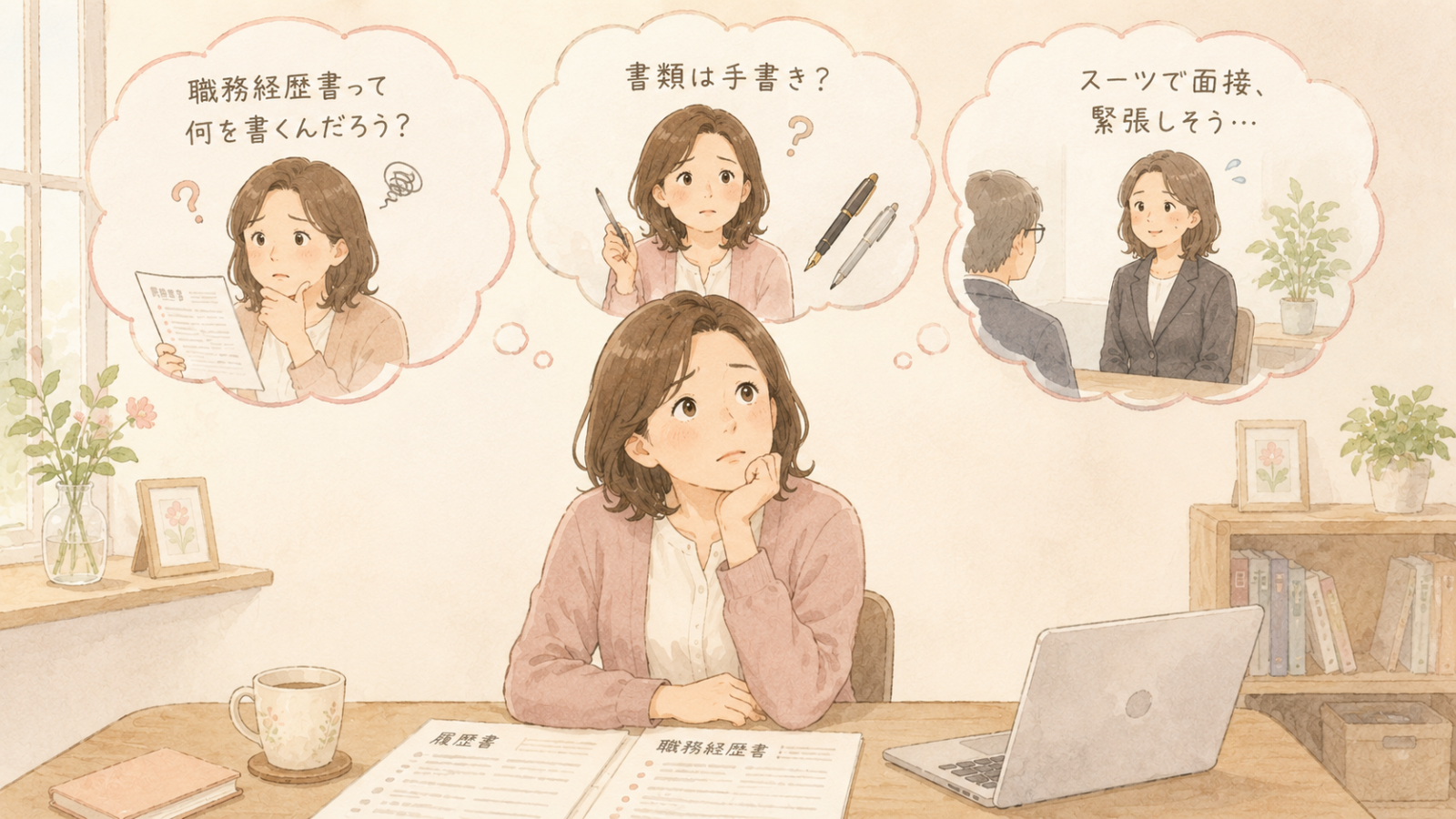 職務経歴書って何を書くんだろう?書類は手書き?スーツで面接、緊張しそう…と想像する様子
