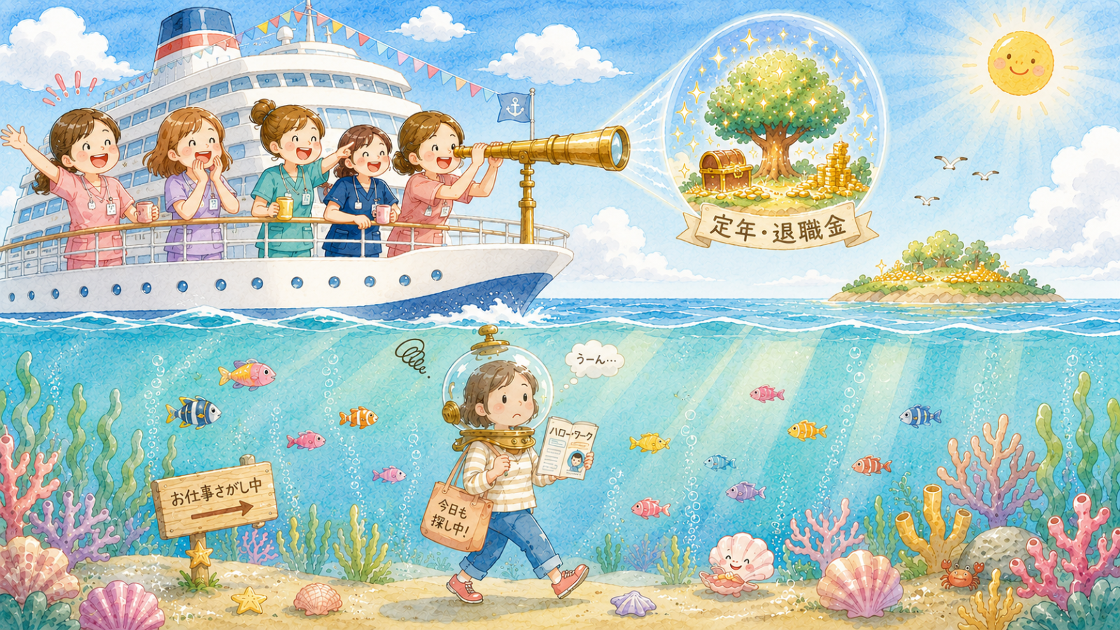 船の上から望遠鏡で定年退職の島を見る看護師たちと、海底を歩く女性のイラスト