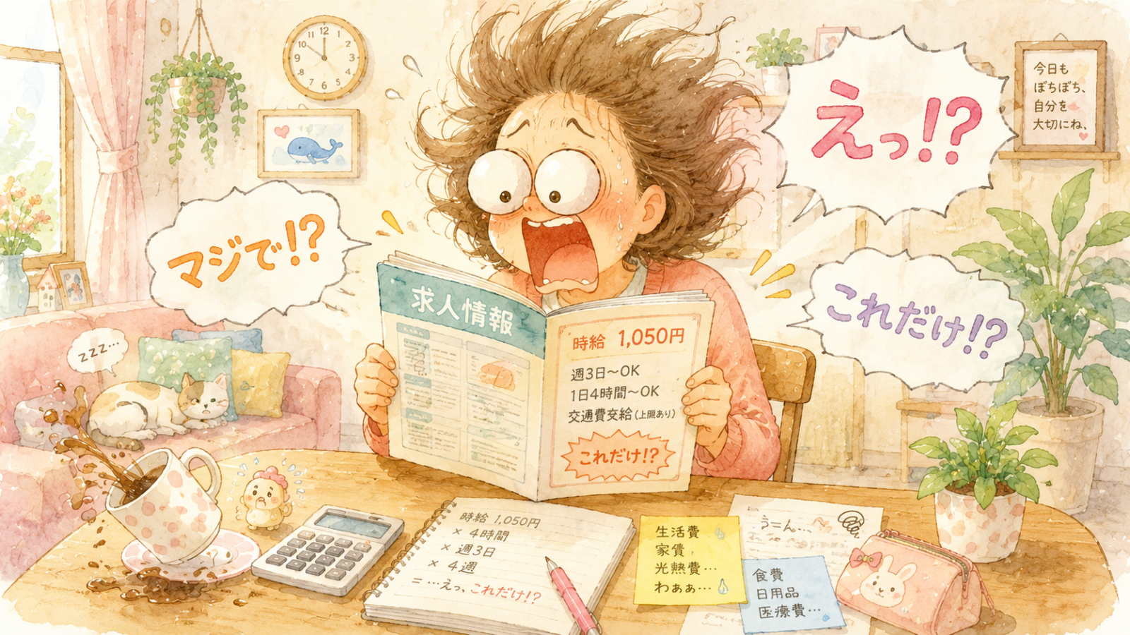 求人情報を見て驚愕する女性のイラスト
