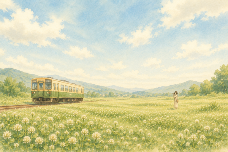 電車を降りて、草原で景色を眺めるしおり
