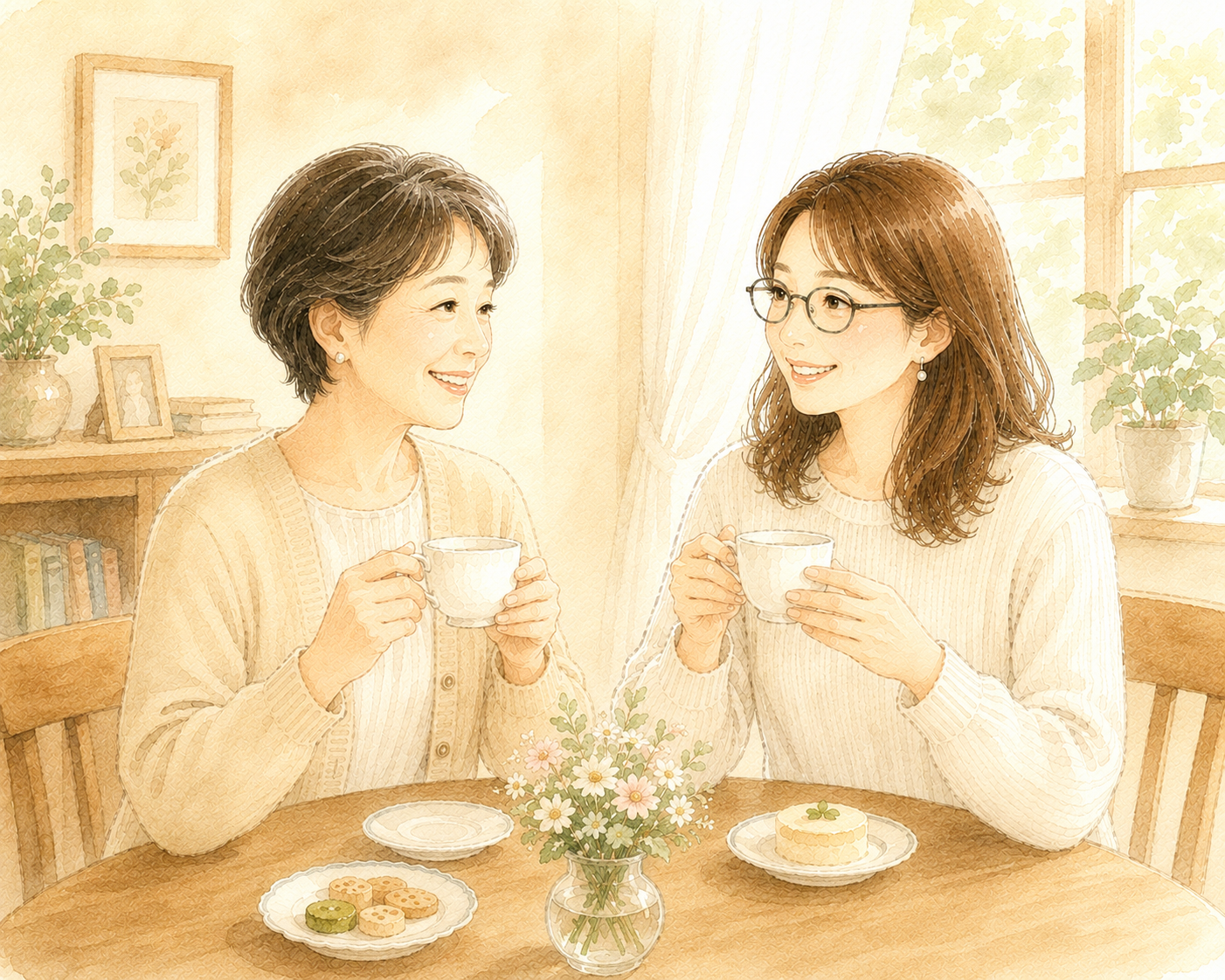 70代の母親と40代の娘が向かい合ってお茶を飲んでいるイラスト