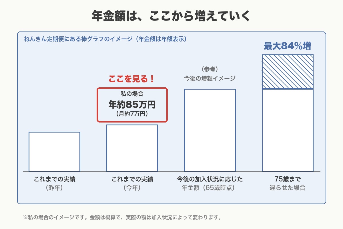 ねんきん定期便の棒グラフのイメージ。年金額はここから増えていく